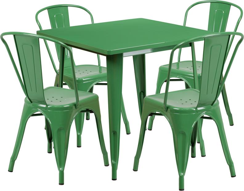 Flash Furniture 31.5” Square Green Metal Indoor-Outdoor Table Set with 4 Stack Chairs – ET-CT002-4-30-GN-GG Supply
