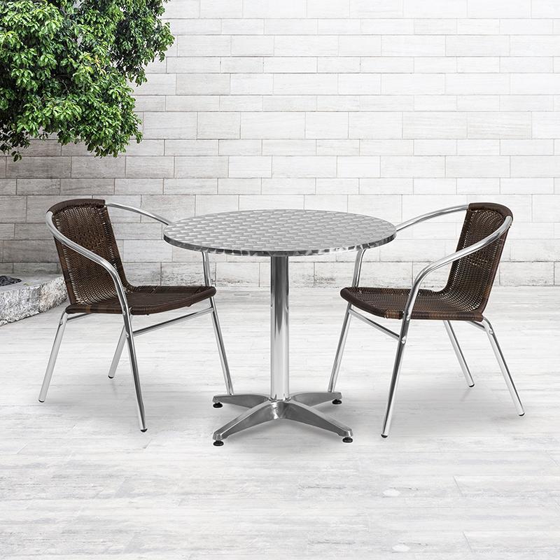 Flash Furniture 31.5” Round Aluminum Indoor-Outdoor Table Set with 2 Dark Brown Rattan Chairs – TLH-ALUM-32RD-020CHR2-GG Discount