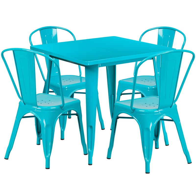 Flash Furniture 31.5” Square Crystal Teal-Blue Metal Indoor-Outdoor Table Set with 4 Stack Chairs – ET-CT002-4-30-CB-GG Online Hot Sale