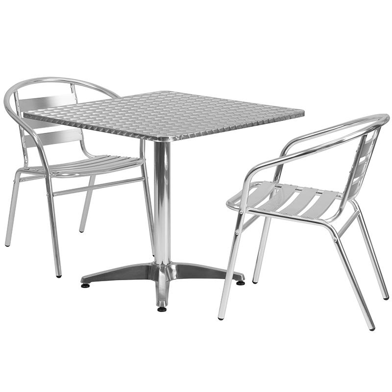 Flash Furniture 31.5” Square Aluminum Indoor-Outdoor Table Set with 2 Slat Back Chairs – TLH-ALUM-32SQ-017BCHR2-GG Fashion
