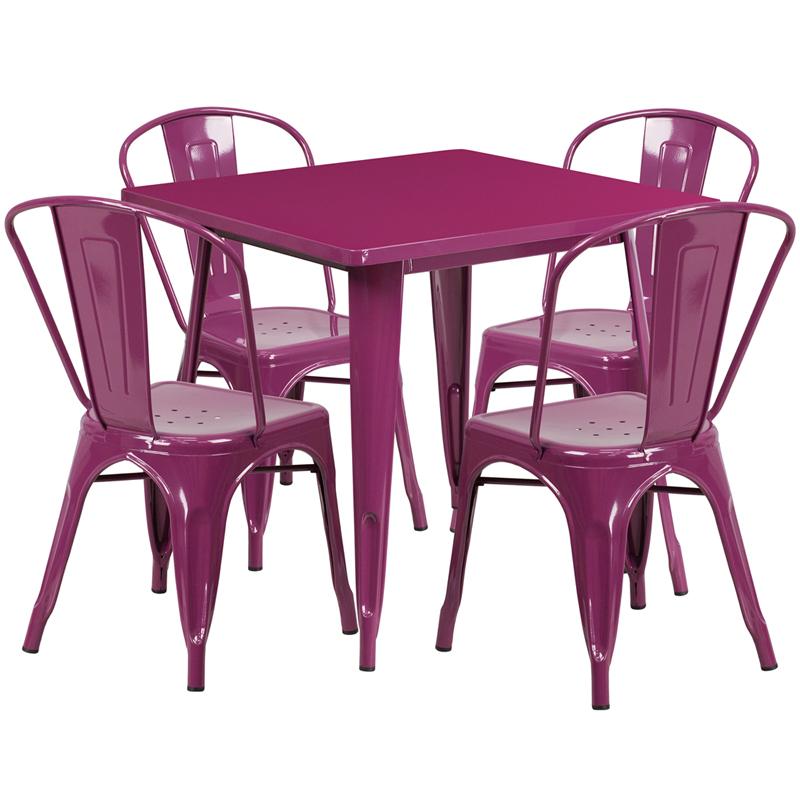 Flash Furniture 31.5” Square Purple Metal Indoor-Outdoor Table Set with 4 Stack Chairs – ET-CT002-4-30-PUR-GG Supply