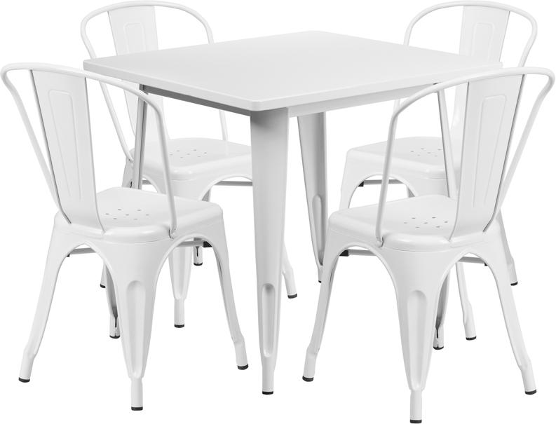 Flash Furniture 31.5” Square White Metal Indoor-Outdoor Table Set with 4 Stack Chairs – ET-CT002-4-30-WH-GG Online now
