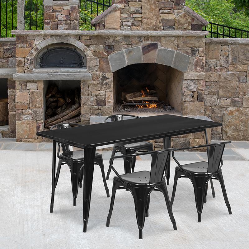 Flash Furniture 31.5” x 63” Rectangular Black Metal Indoor-Outdoor Table Set with 4 Arm Chairs – ET-CT005-4-70-BK-GG on Sale