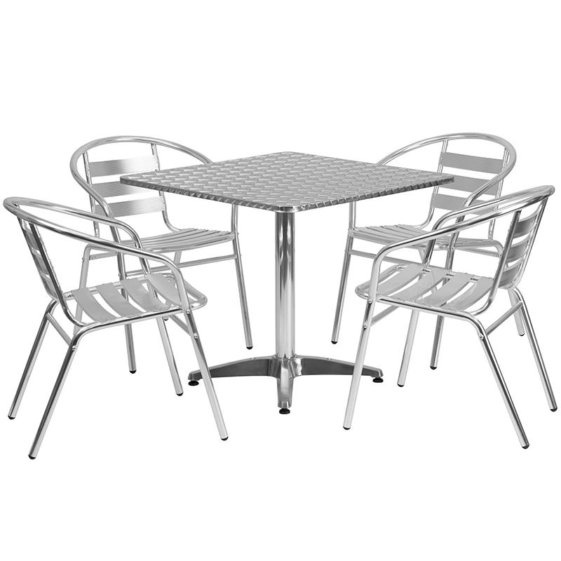 Flash Furniture 31.5” Square Aluminum Indoor-Outdoor Table Set with 4 Slat Back Chairs – TLH-ALUM-32SQ-017BCHR4-GG Discount