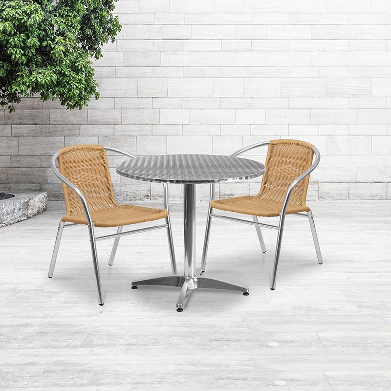 Flash Furniture 31.5” Round Aluminum Indoor-Outdoor Table Set with 2 Beige Rattan Chairs – TLH-ALUM-32RD-020BGECHR2-GG Discount
