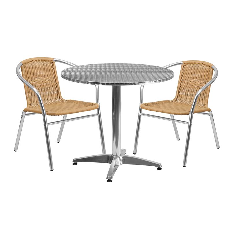 Flash Furniture 31.5” Round Aluminum Indoor-Outdoor Table Set with 2 Beige Rattan Chairs – TLH-ALUM-32RD-020BGECHR2-GG Discount