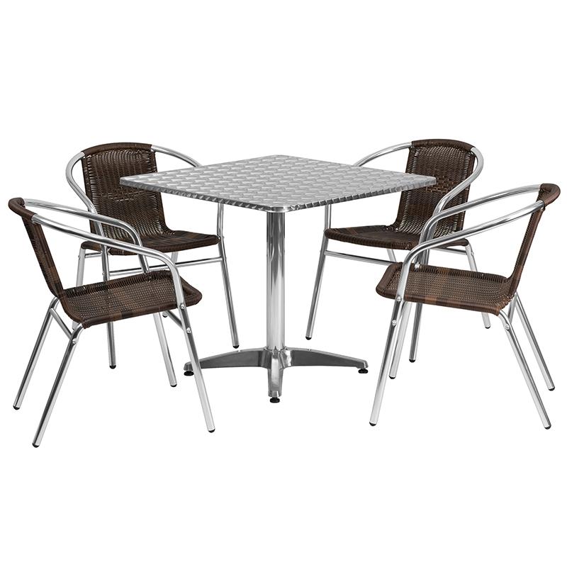 Flash Furniture 31.5” Square Aluminum Indoor-Outdoor Table Set with 4 Dark Brown Rattan Chairs – TLH-ALUM-32SQ-020CHR4-GG Supply