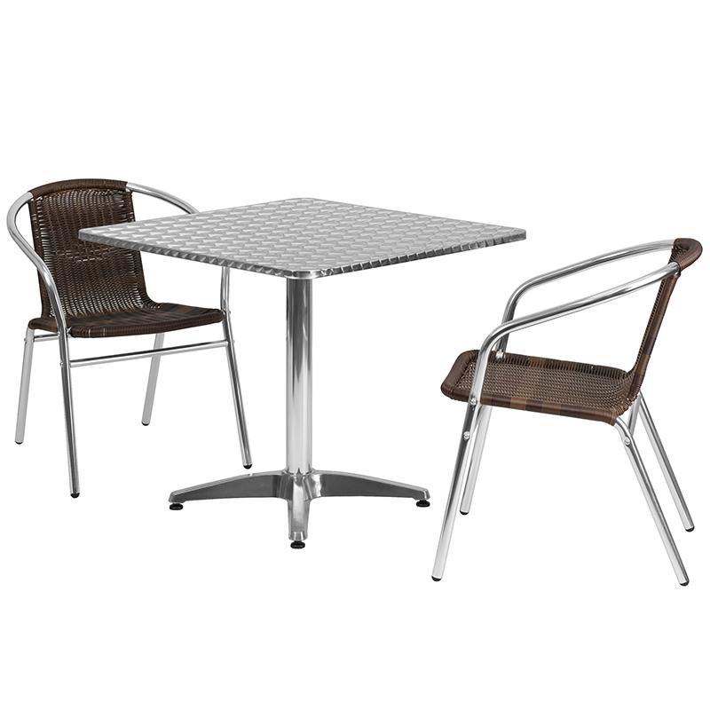 Flash Furniture 31.5” Square Aluminum Indoor-Outdoor Table Set with 2 Dark Brown Rattan Chairs – TLH-ALUM-32SQ-020CHR2-GG Online now