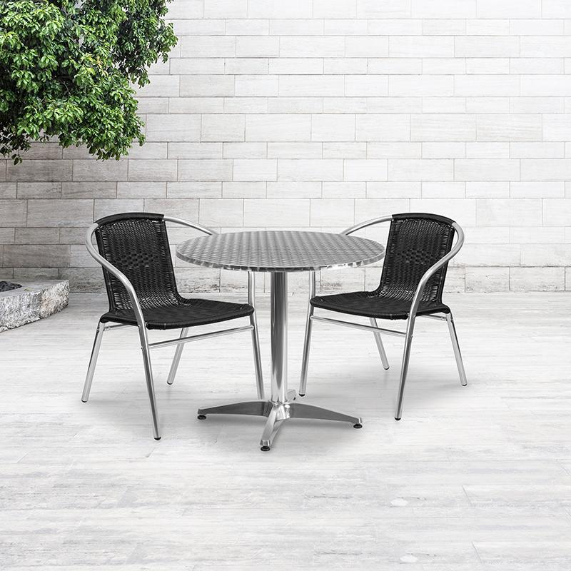 Flash Furniture 31.5” Round Aluminum Indoor-Outdoor Table Set with 2 Black Rattan Chairs – TLH-ALUM-32RD-020BKCHR2-GG Supply