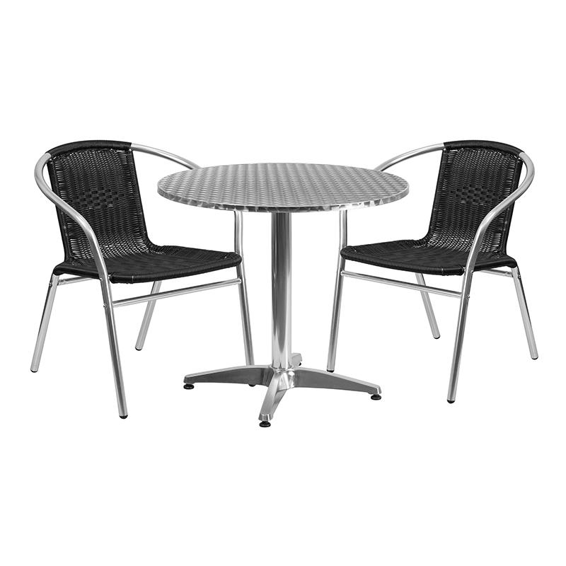 Flash Furniture 31.5” Round Aluminum Indoor-Outdoor Table Set with 2 Black Rattan Chairs – TLH-ALUM-32RD-020BKCHR2-GG Supply