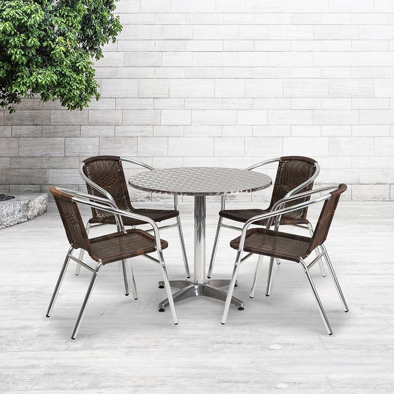 Flash Furniture 31.5” Round Aluminum Indoor-Outdoor Table Set with 4 Dark Brown Rattan Chairs – TLH-ALUM-32RD-020CHR4-GG Online now