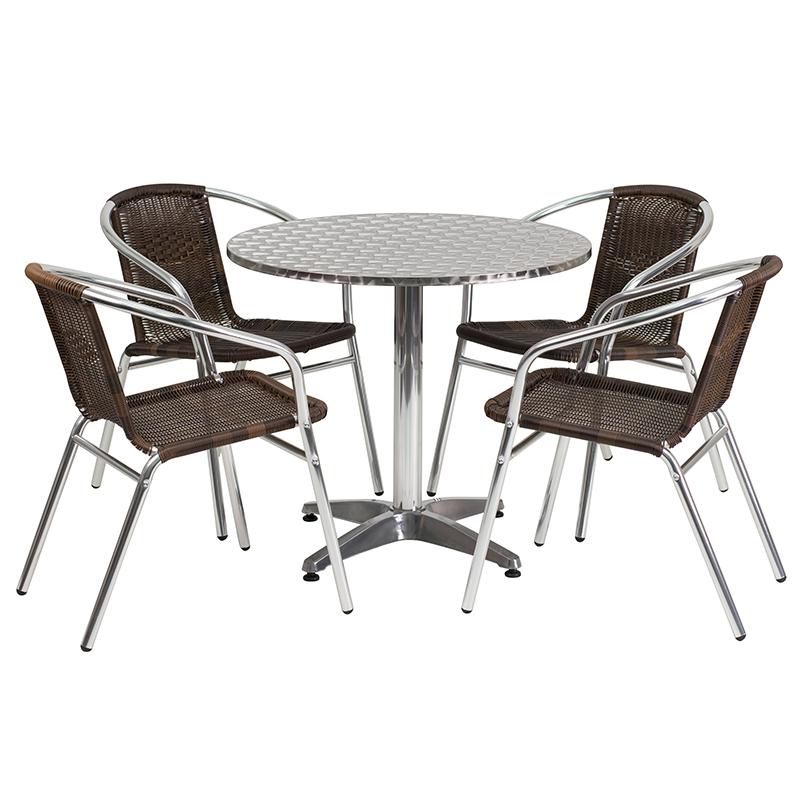 Flash Furniture 31.5” Round Aluminum Indoor-Outdoor Table Set with 4 Dark Brown Rattan Chairs – TLH-ALUM-32RD-020CHR4-GG Online now