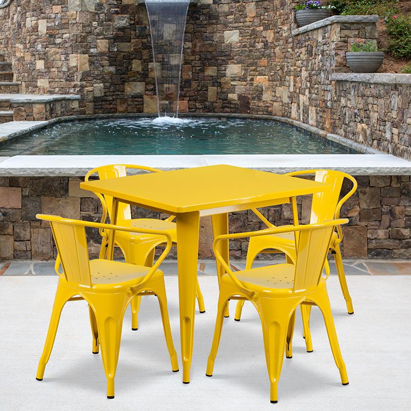 Flash Furniture 31.5” Square Yellow Metal Indoor-Outdoor Table Set with 4 Arm Chairs – ET-CT002-4-70-YL-GG Sale