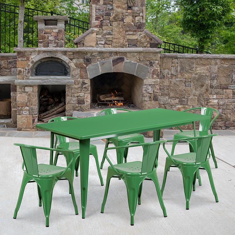 Flash Furniture 31.5” x 63” Rectangular Green Metal Indoor-Outdoor Table Set with 6 Arm Chairs – ET-CT005-6-70-GN-GG Sale