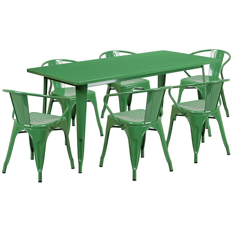 Flash Furniture 31.5” x 63” Rectangular Green Metal Indoor-Outdoor Table Set with 6 Arm Chairs – ET-CT005-6-70-GN-GG Sale