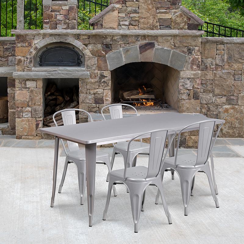 Flash Furniture 31.5” x 63” Rectangular Silver Metal Indoor-Outdoor Table Set with 4 Stack Chairs – ET-CT005-4-30-SIL-GG on Sale