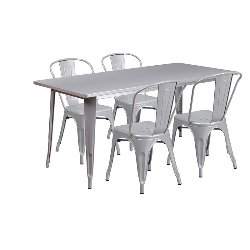 Flash Furniture 31.5” x 63” Rectangular Silver Metal Indoor-Outdoor Table Set with 4 Stack Chairs – ET-CT005-4-30-SIL-GG on Sale
