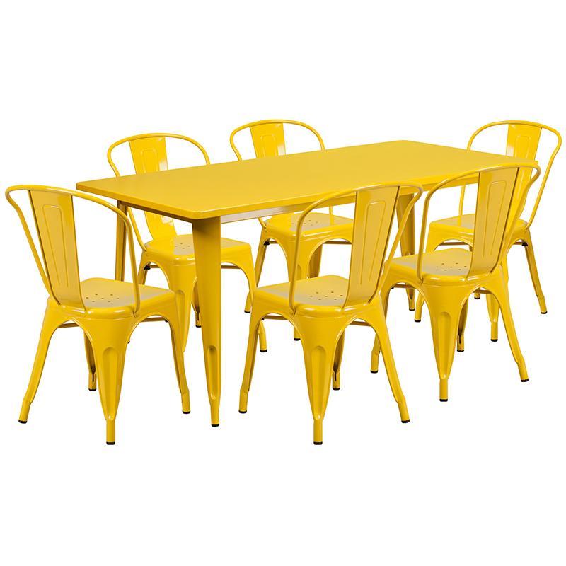 Flash Furniture 31.5” x 63” Rectangular Yellow Metal Indoor-Outdoor Table Set with 6 Stack Chairs – ET-CT005-6-30-YL-GG Online Sale