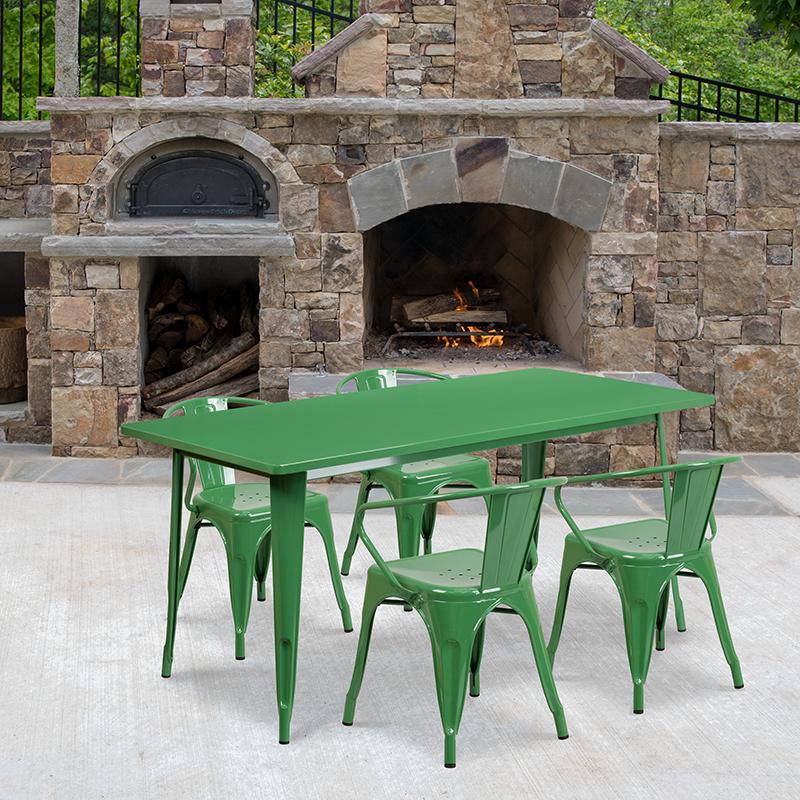 Flash Furniture 31.5” x 63” Rectangular Green Metal Indoor-Outdoor Table Set with 4 Arm Chairs – ET-CT005-4-70-GN-GG Online Hot Sale