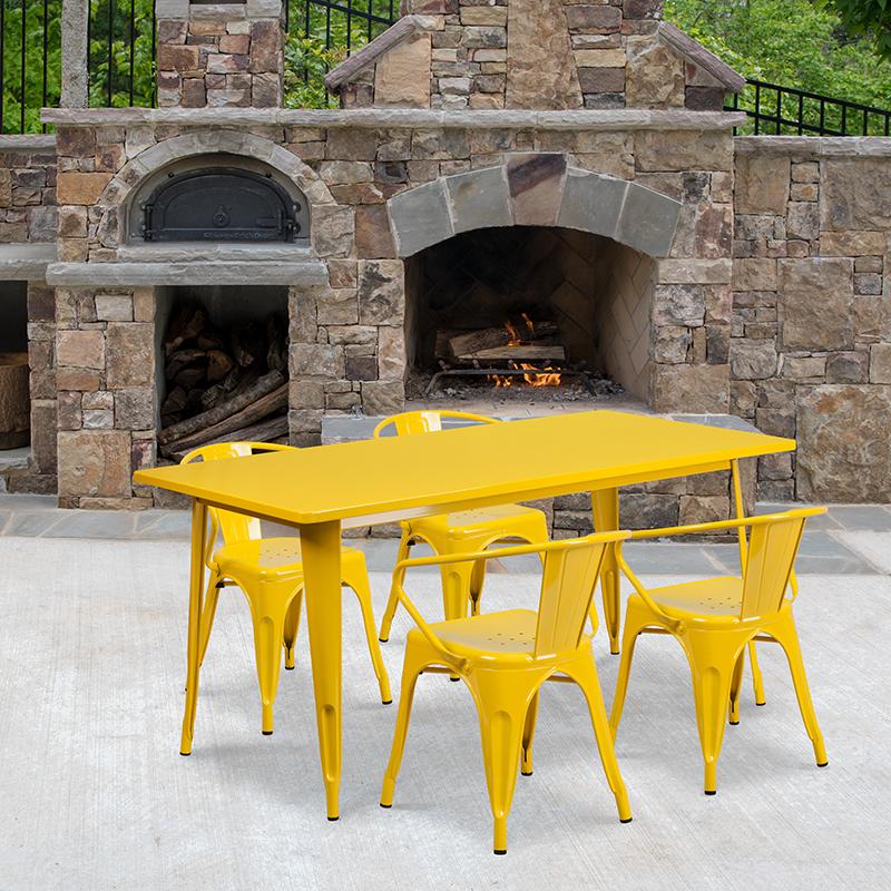 Flash Furniture 31.5” x 63” Rectangular Yellow Metal Indoor-Outdoor Table Set with 4 Arm Chairs – ET-CT005-4-70-YL-GG Fashion