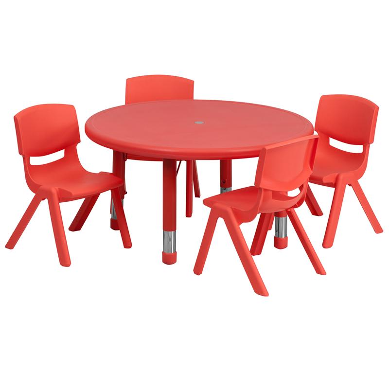 Flash Furniture 33” Round Red Plastic Height Adjustable Activity Table Set with 4 Chairs – YU-YCX-0073-2-ROUND-TBL-RED-E-GG Fashion