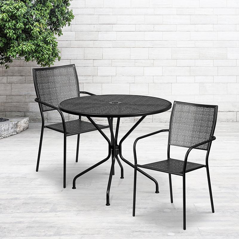 Flash Furniture 35.25” Round Black Indoor-Outdoor Steel Patio Table Set with 2 Square Back Chairs – CO-35RD-02CHR2-BK-GG Online now