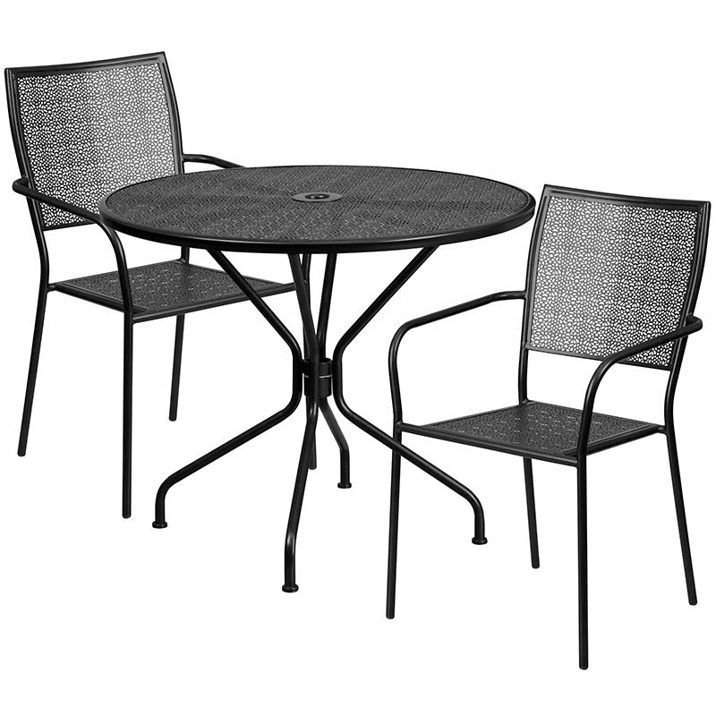 Flash Furniture 35.25” Round Black Indoor-Outdoor Steel Patio Table Set with 2 Square Back Chairs – CO-35RD-02CHR2-BK-GG Online now