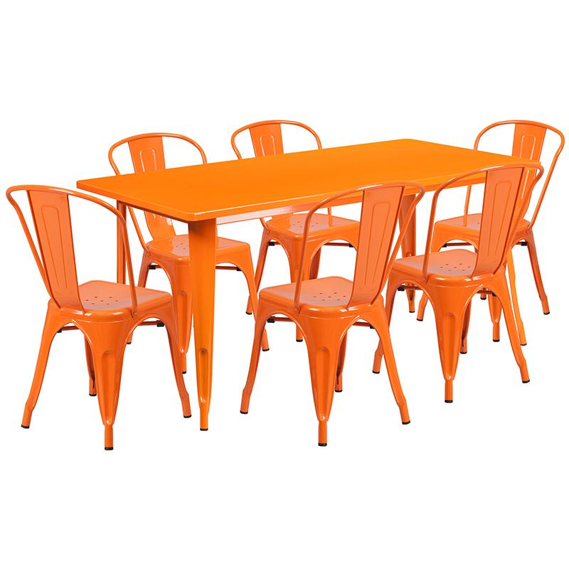 Flash Furniture 31.5” x 63” Rectangular Orange Metal Indoor-Outdoor Table Set with 6 Stack Chairs – ET-CT005-6-30-OR-GG Online Hot Sale