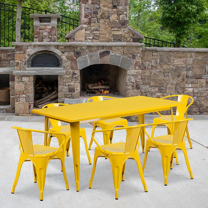 Flash Furniture 31.5” x 63” Rectangular Yellow Metal Indoor-Outdoor Table Set with 6 Arm Chairs – ET-CT005-6-70-YL-GG Online now
