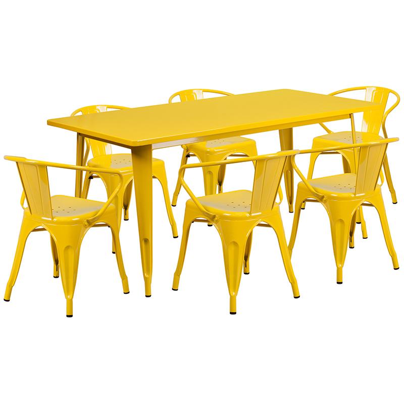 Flash Furniture 31.5” x 63” Rectangular Yellow Metal Indoor-Outdoor Table Set with 6 Arm Chairs – ET-CT005-6-70-YL-GG Online now