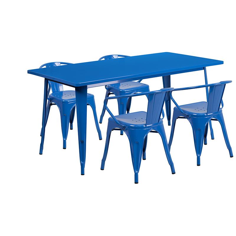 Flash Furniture 31.5” x 63” Rectangular Blue Metal Indoor-Outdoor Table Set with 4 Arm Chairs – ET-CT005-4-70-BL-GG Fashion
