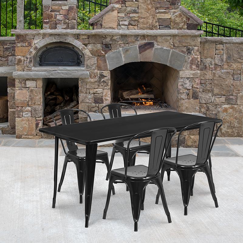 Flash Furniture 31.5” x 63” Rectangular Black Metal Indoor-Outdoor Table Set with 4 Stack Chairs – ET-CT005-4-30-BK-GG Online Sale