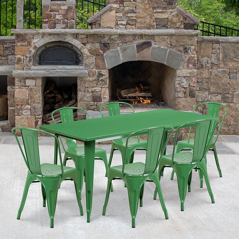 Flash Furniture 31.5” x 63” Rectangular Green Metal Indoor-Outdoor Table Set with 6 Stack Chairs – ET-CT005-6-30-GN-GG Fashion