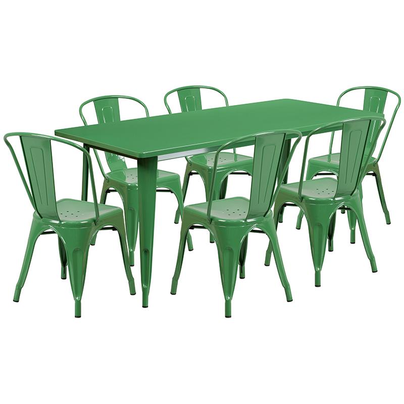 Flash Furniture 31.5” x 63” Rectangular Green Metal Indoor-Outdoor Table Set with 6 Stack Chairs – ET-CT005-6-30-GN-GG Fashion