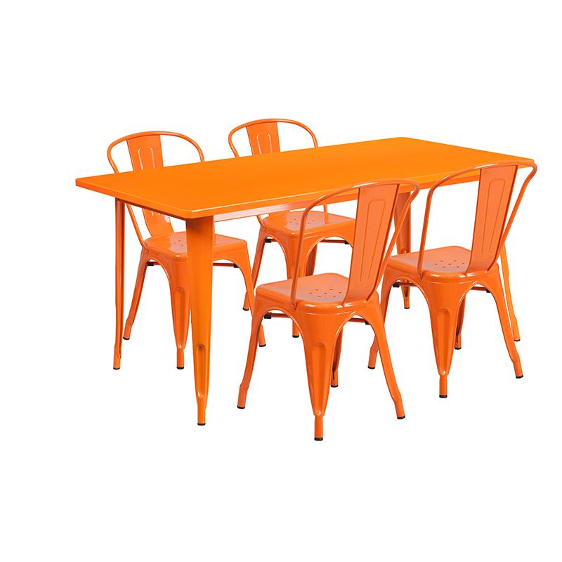 Flash Furniture 31.5” x 63” Rectangular Orange Metal Indoor-Outdoor Table Set with 4 Stack Chairs – ET-CT005-4-30-OR-GG Discount