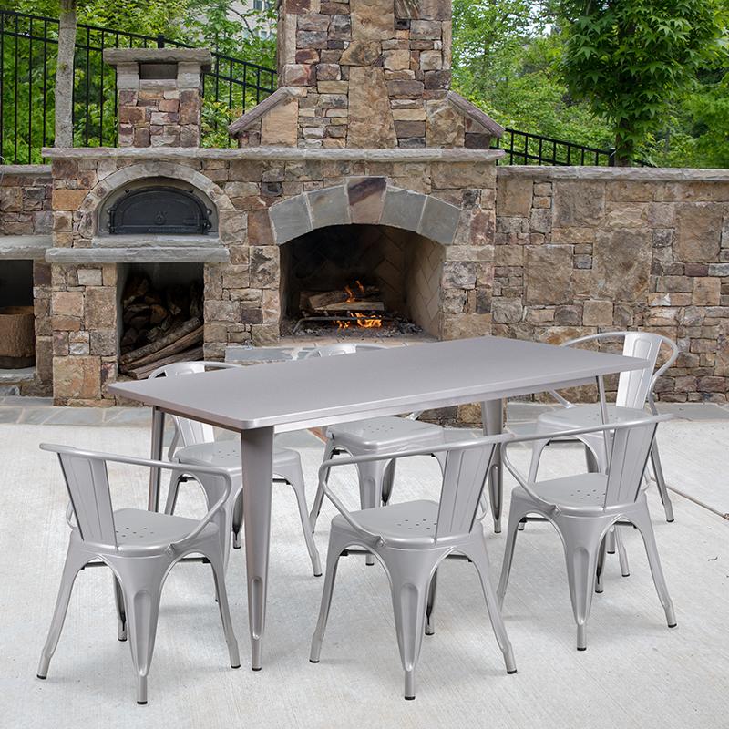 Flash Furniture 31.5” x 63” Rectangular Silver Metal Indoor-Outdoor Table Set with 6 Arm Chairs – ET-CT005-6-70-SIL-GG Online Sale