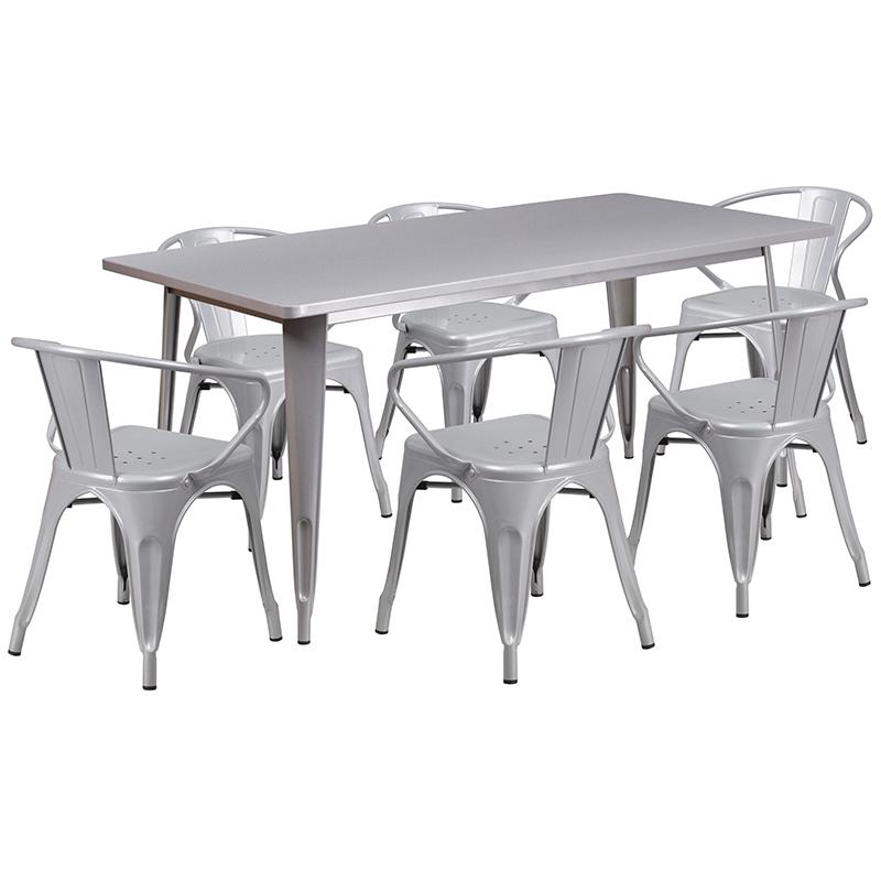 Flash Furniture 31.5” x 63” Rectangular Silver Metal Indoor-Outdoor Table Set with 6 Arm Chairs – ET-CT005-6-70-SIL-GG Online Sale