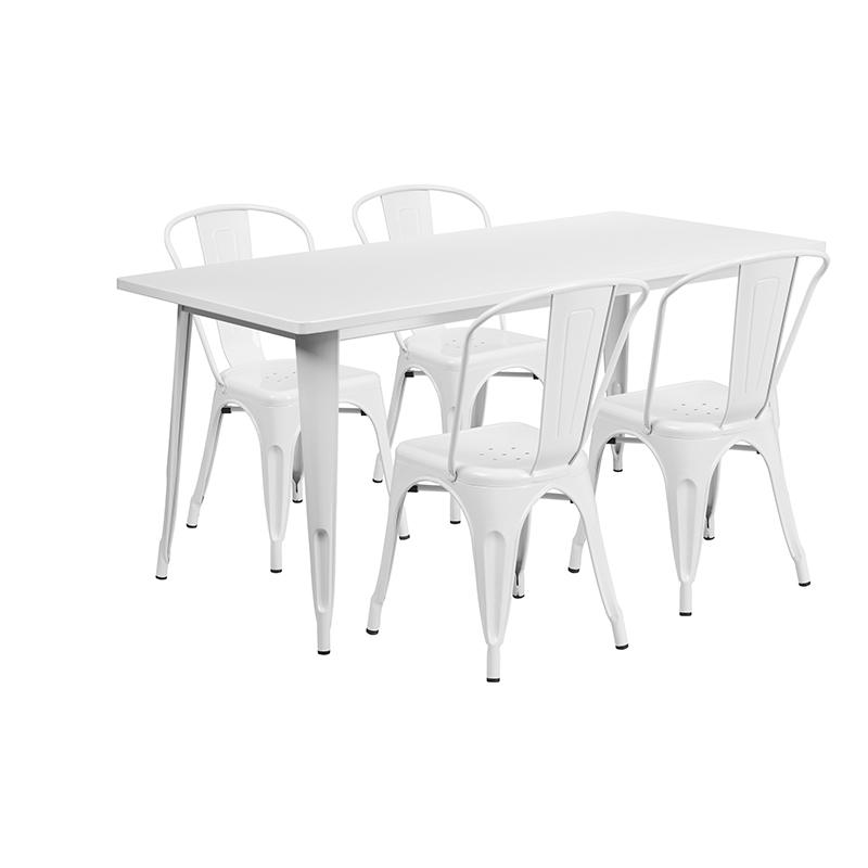 Flash Furniture 31.5” x 63” Rectangular White Metal Indoor-Outdoor Table Set with 4 Stack Chairs – ET-CT005-4-30-WH-GG Online now