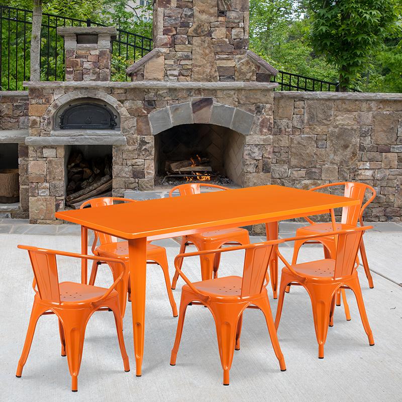 Flash Furniture 31.5” x 63” Rectangular Orange Metal Indoor-Outdoor Table Set with 6 Arm Chairs – ET-CT005-6-70-OR-GG Fashion