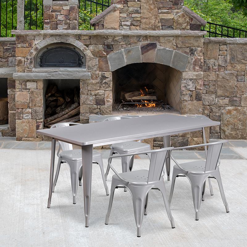 Flash Furniture 31.5” x 63” Rectangular Silver Metal Indoor-Outdoor Table Set with 4 Arm Chairs – ET-CT005-4-70-SIL-GG Online