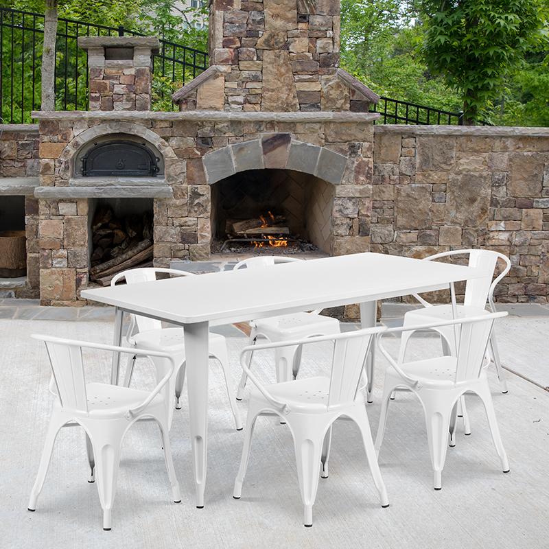 Flash Furniture 31.5” x 63” Rectangular White Metal Indoor-Outdoor Table Set with 6 Arm Chairs – ET-CT005-6-70-WH-GG Hot on Sale