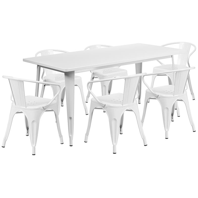 Flash Furniture 31.5” x 63” Rectangular White Metal Indoor-Outdoor Table Set with 6 Arm Chairs – ET-CT005-6-70-WH-GG Hot on Sale
