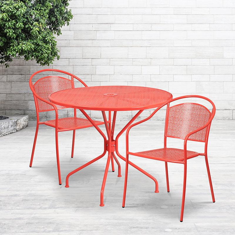 Flash Furniture 35.25” Round Coral Indoor-Outdoor Steel Patio Table Set with 2 Round Back Chairs – CO-35RD-03CHR2-RED-GG Fashion