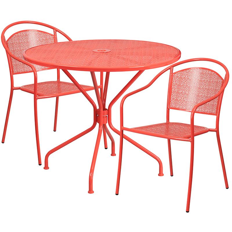 Flash Furniture 35.25” Round Coral Indoor-Outdoor Steel Patio Table Set with 2 Round Back Chairs – CO-35RD-03CHR2-RED-GG Fashion