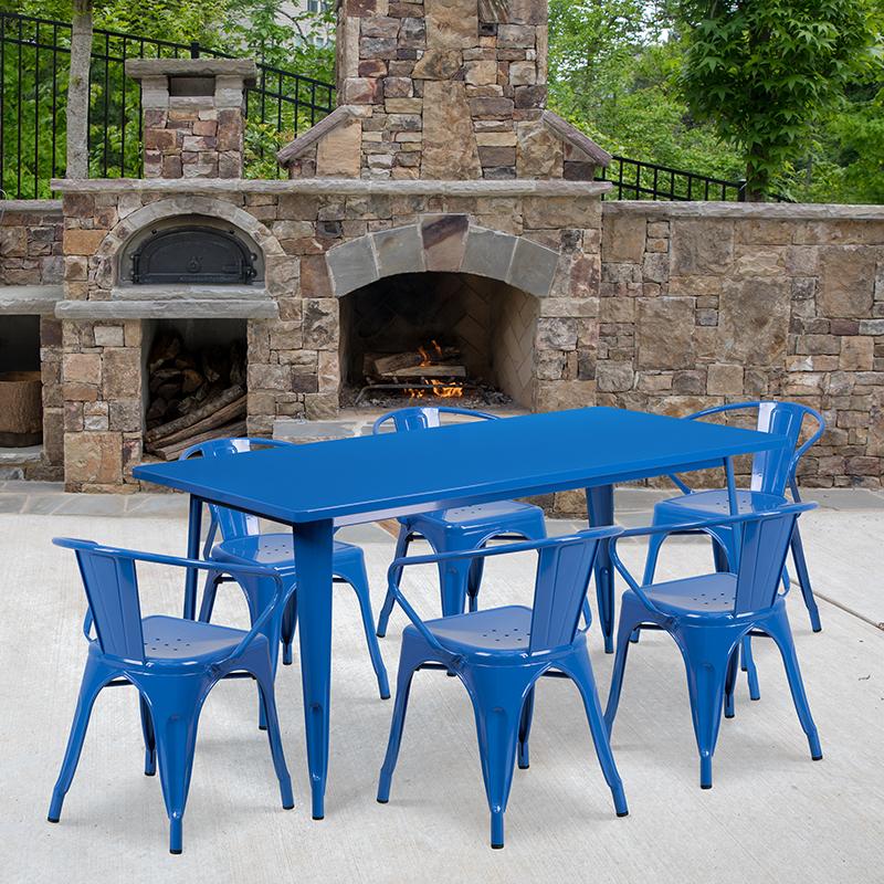 Flash Furniture 31.5” x 63” Rectangular Blue Metal Indoor-Outdoor Table Set with 6 Arm Chairs – ET-CT005-6-70-BL-GG Fashion