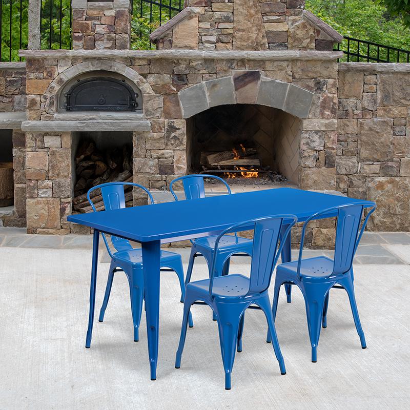 Flash Furniture 31.5” x 63” Rectangular Blue Metal Indoor-Outdoor Table Set with 4 Stack Chairs – ET-CT005-4-30-BL-GG Discount