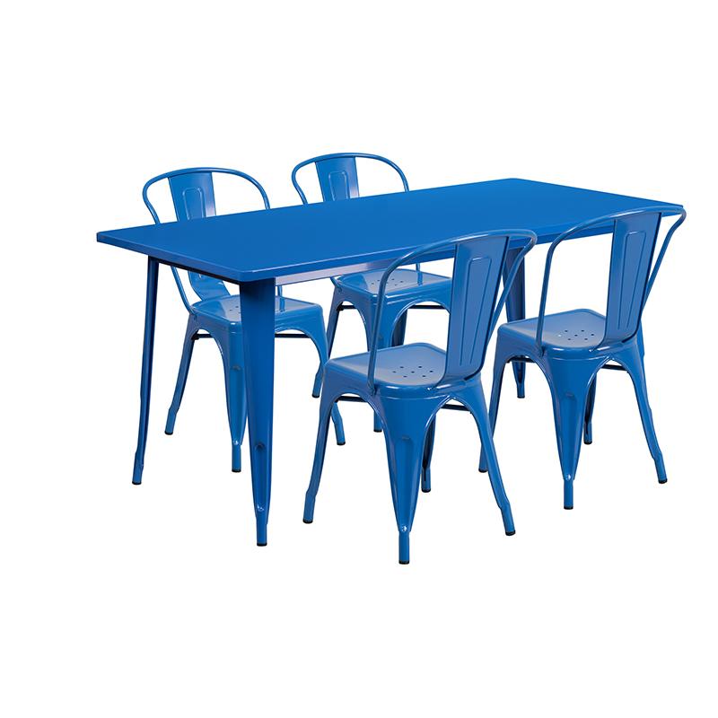 Flash Furniture 31.5” x 63” Rectangular Blue Metal Indoor-Outdoor Table Set with 4 Stack Chairs – ET-CT005-4-30-BL-GG Discount