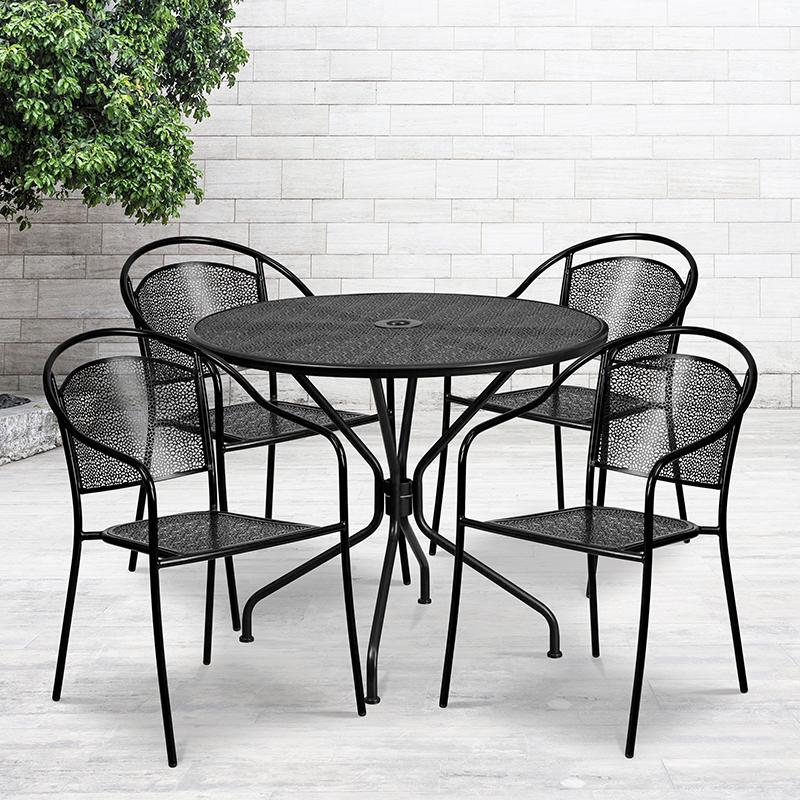 Flash Furniture 35.25” Round Black Indoor-Outdoor Steel Patio Table Set with 4 Round Back Chairs – CO-35RD-03CHR4-BK-GG Online Hot Sale