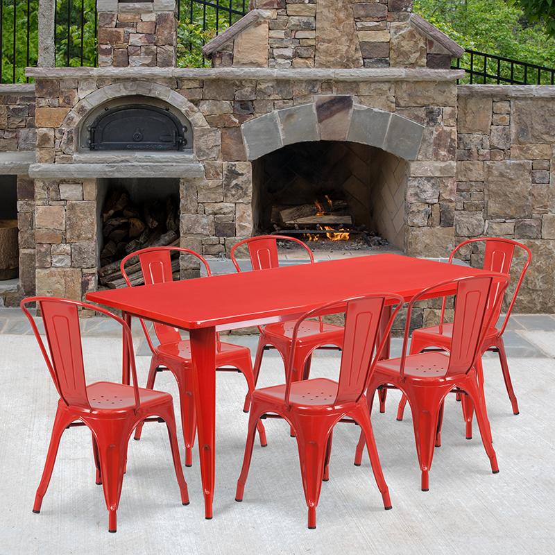 Flash Furniture 31.5” x 63” Rectangular Red Metal Indoor-Outdoor Table Set with 6 Stack Chairs – ET-CT005-6-30-RED-GG Online Hot Sale