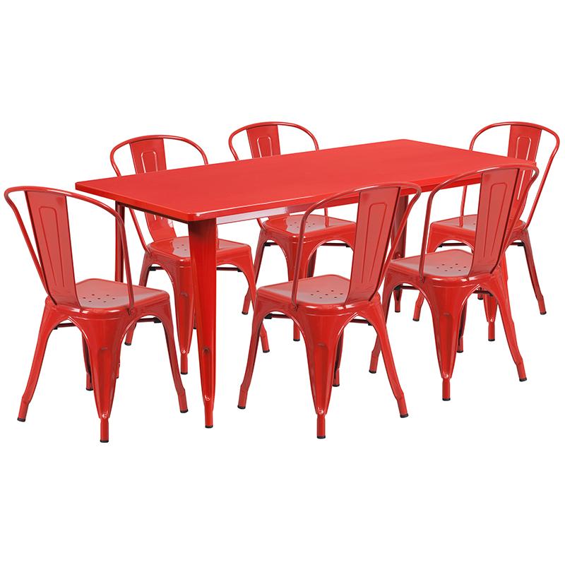 Flash Furniture 31.5” x 63” Rectangular Red Metal Indoor-Outdoor Table Set with 6 Stack Chairs – ET-CT005-6-30-RED-GG Online Hot Sale